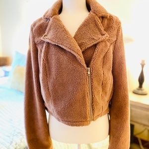 Dusty Pink Le Lis Furry Bomber Jacket, size medium
